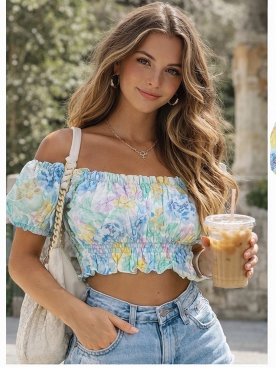 Zara Tops - Zara Watercolor Floral Smocked Crop Top Puff Sleeve Off Shoulder Size S